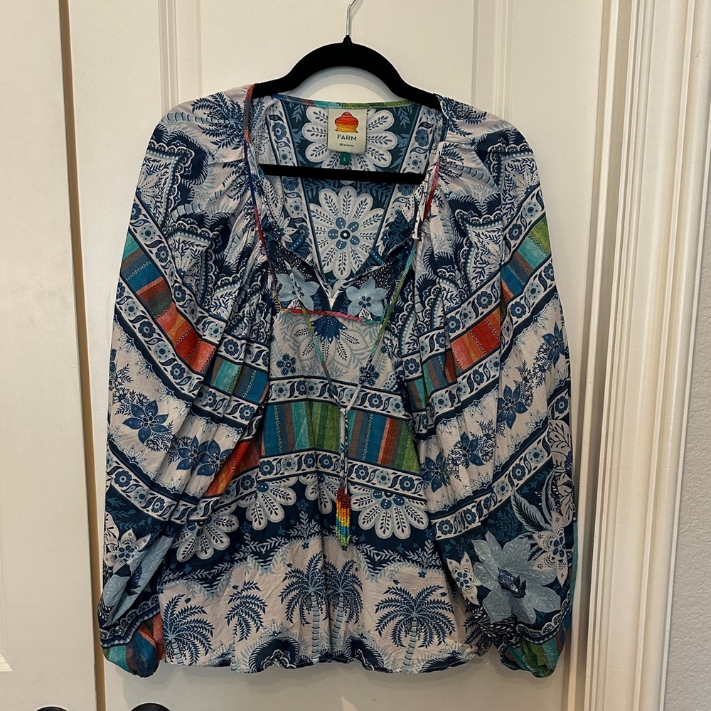 Farm Rio Blue and Red Patterned Blouse